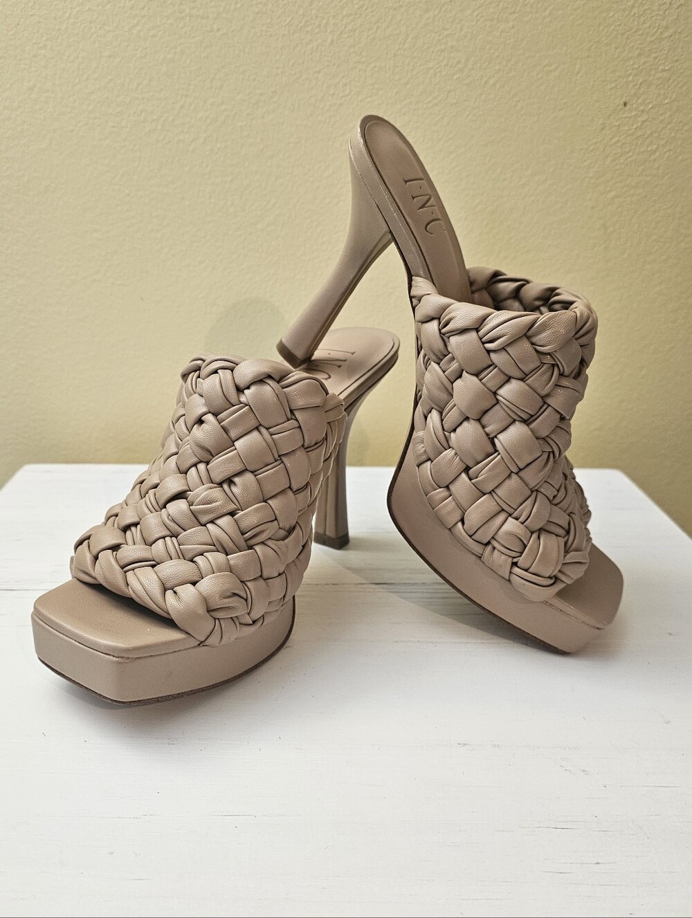 INC International Concepts Woven Taupe Platform High-Heel Mules